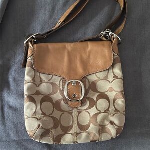 Coach Brown and Tan Crossbody Bag with Monogram Pattern